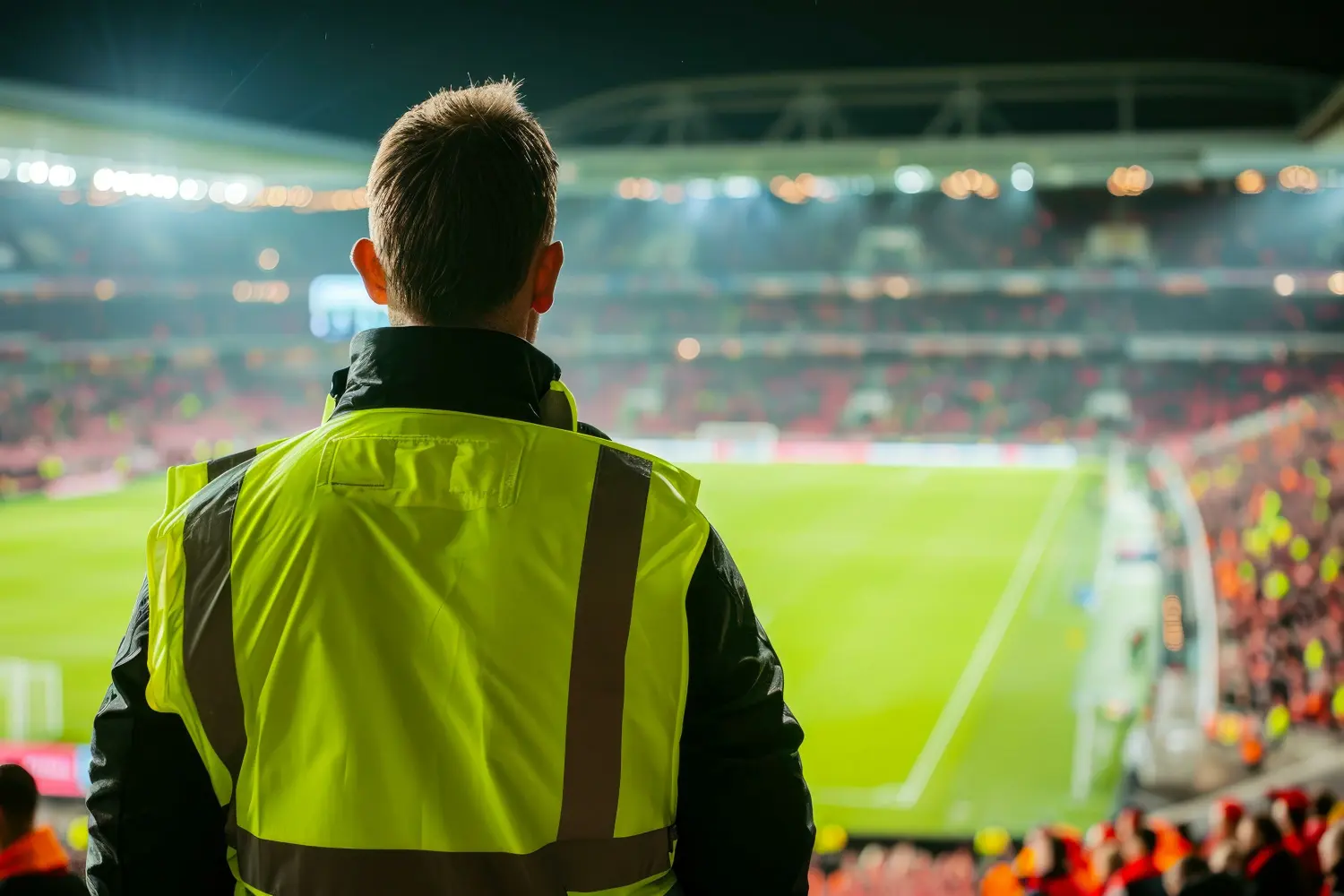 Sicherheitspersonal überwacht nachts das überfüllte Fußballstadion