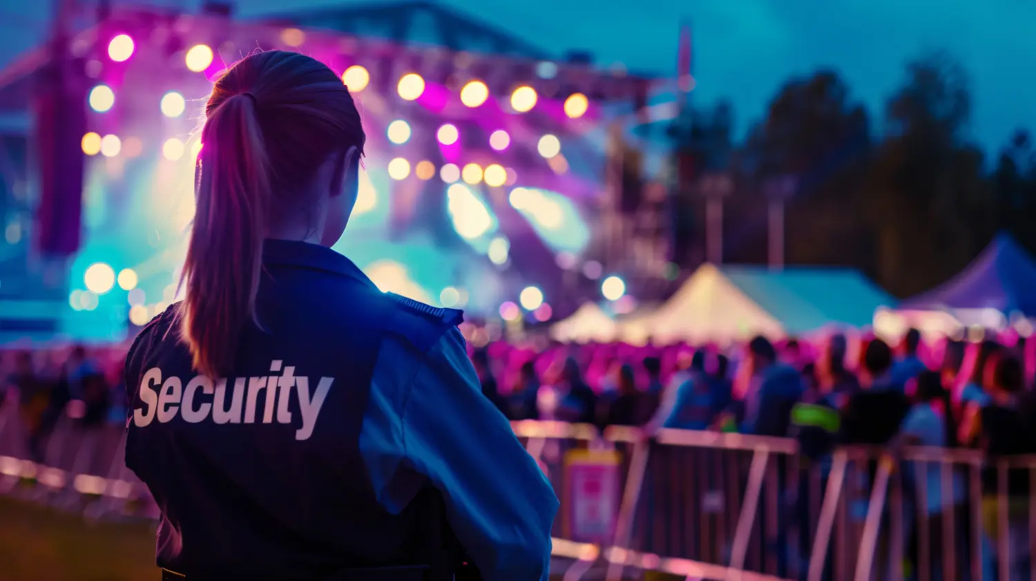 Sicherheitsbeamtin überwacht eine Menschenmenge bei einem Open-Air-Musikfestival